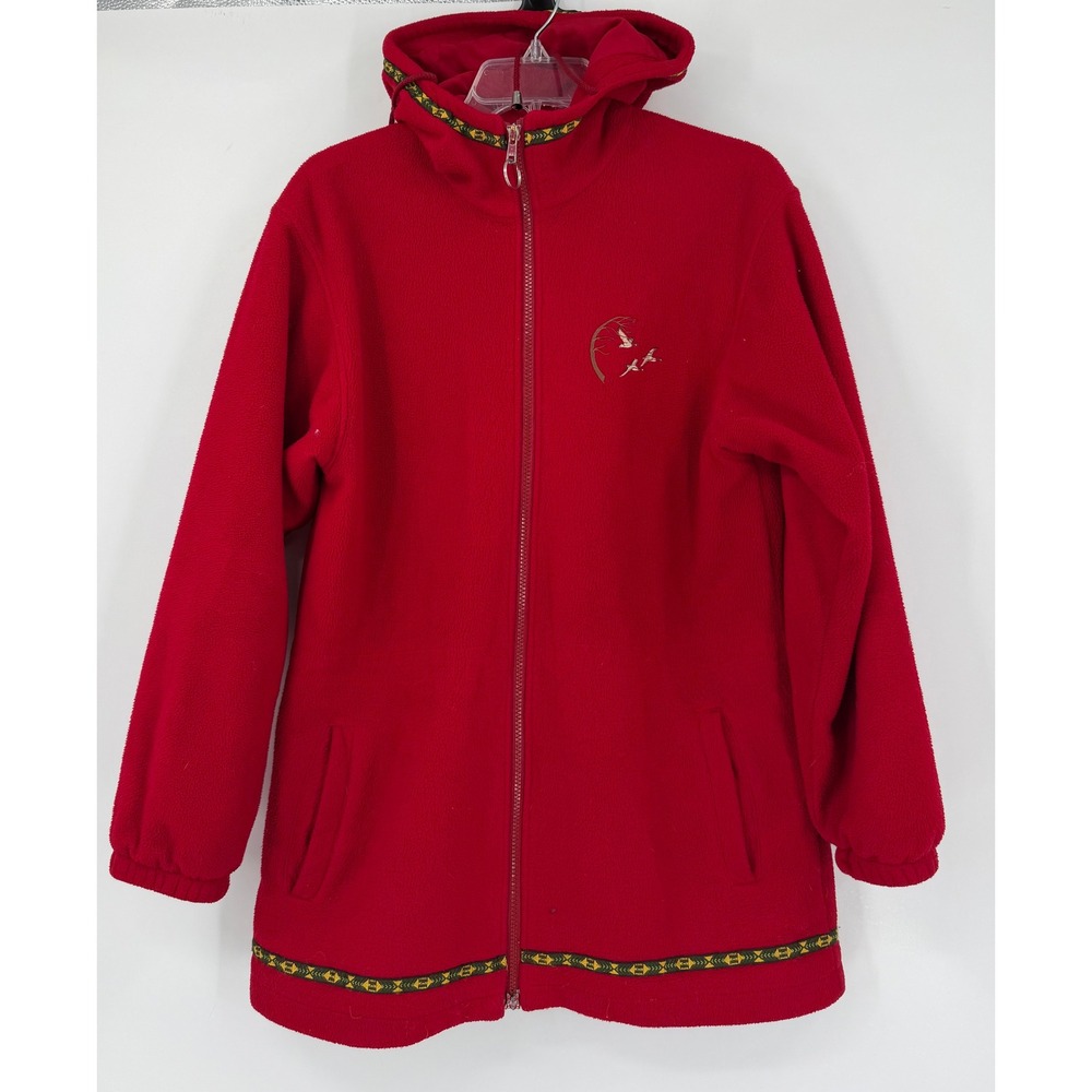 Northern Sun Red Fleece Parka Hooded Jacket Embroidered Cabin Geese Canada L